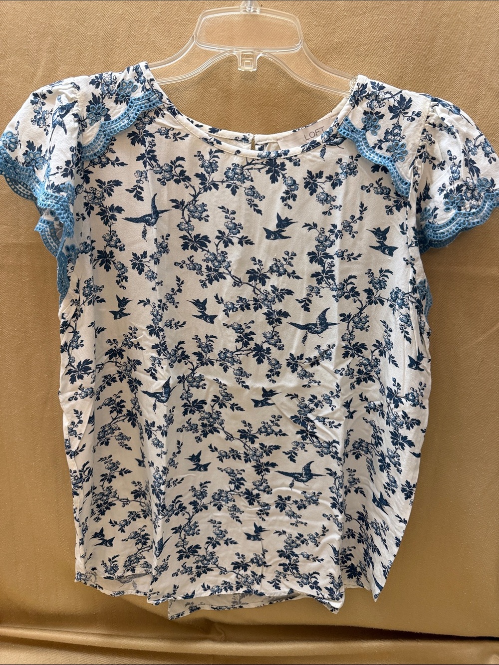 LOFT White Top with Blue Bird & Floral Print and Crochet Trim